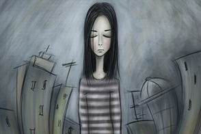Девушка в депрессии на фоне города